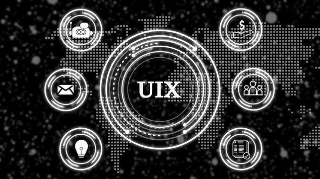 Quality Management System UIX, concept animation with circular digital interface and connected icons representing documentation, communication, process control, compliance, finance, innovation,
