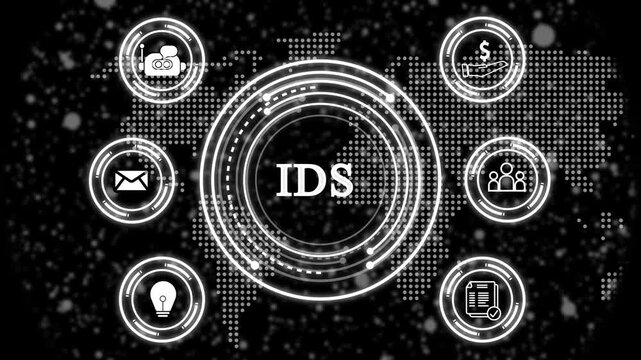 Quality Management System IDS, concept animation with circular digital interface and connected icons representing documentation, communication, process control, compliance, finance, innovation,