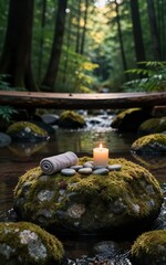 Candle, towel, stones on mossy rock by forest stream. Serene nature retreat scene.