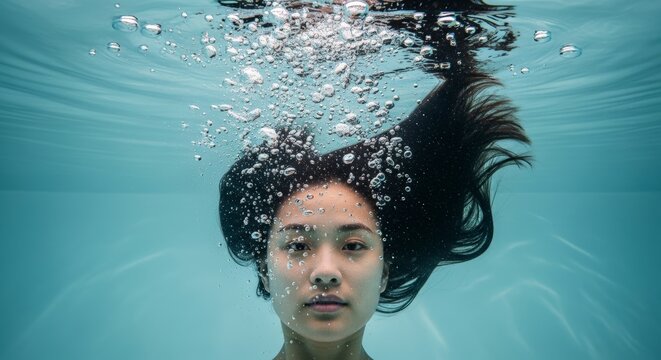 Young woman submerged in clear blue water with rising air bubbles