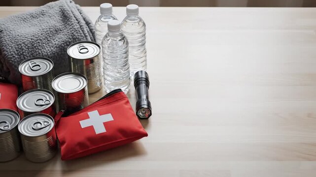 Emergency supplies including food, water, first aid kit, and flashlight on a wooden table viewed from above