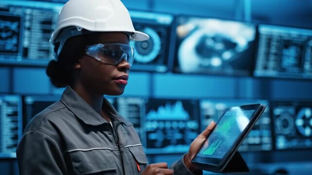 Skilled female engineer analyzing complex data on a digital tablet in a modern industrial control room, ensuring operational efficiency