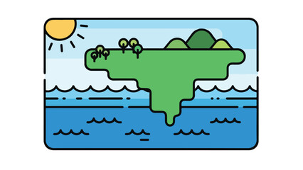 A stylized illustration depicting an island with mountains and a sunny sky