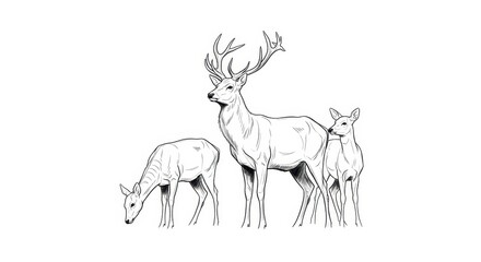Fototapeta premium Elegant Deer Family Illustration - A Detailed Black and White Drawing.