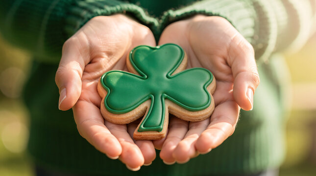 Closeup Of Hands Holding Out A Shamrock Cookie
