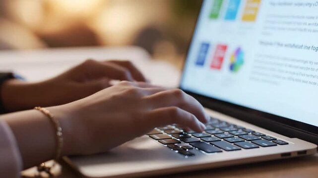 Person typing on laptop keyboard with colorful icons on screen in a modern workspace