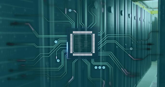 Square outline appearing over server racks, microchip growing, sending pulses showing data flow
