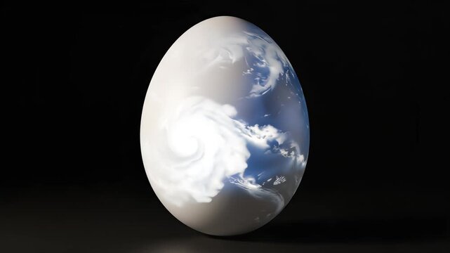 Surreal 3D animation of white egg with swirling hurricane storm clouds surface against black background
