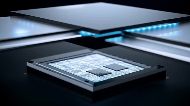 Futuristic Microchip Technology Exploded View with Glowing Blue Lights.