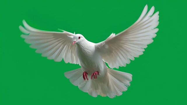 White dove bird in slow motion flying on a green screen for chroma key