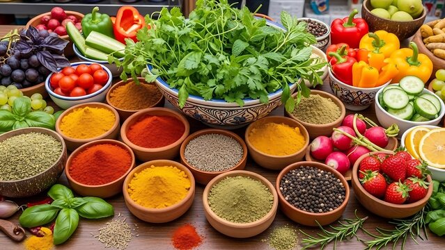Variety of colorful spices and vegetables.