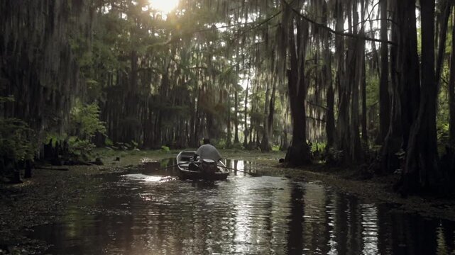 A small boat glides through a narrow waterway surrounded by trees. Sunlight enters from above, creating a bright effect on the water. Nature is alive with sounds that fill the air.