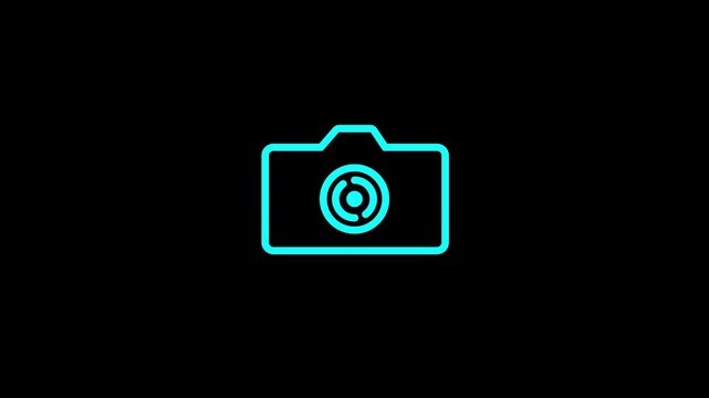 Cyan Neon Camera Icon Outline on Black Background symbol photography