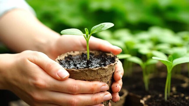 Detailed process of nurturing a thriving green seedling, hands gently water a young plant in a biodegradable pot, symbolizing growth, sustainable