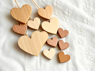Obraz premium A collection of rustic wooden hearts in various sizes scattered on a white textured surface, perfect for romantic themes