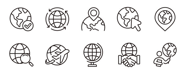 World globe sphere icon line set. Planet earth global map location, worldwide network business, international flight travel, land and ocean geography signs vector outline illustration © elmantastic