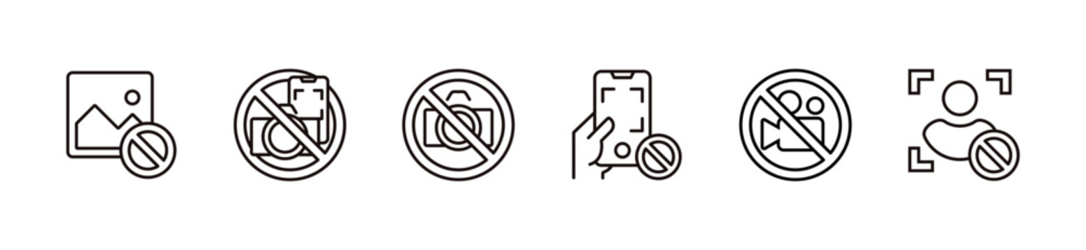No camera, video, filming forbidden icons line set. Photography photo and video capture prohibited, media record rule warning alert, privacy security permission, photograph signs vector illustration