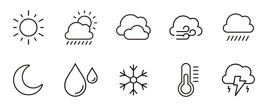 simple weather forecast icon line set. Day and night weather temperature, rain, cloudy, wind, storm, snow, warm and cold element sign vector outline illustration