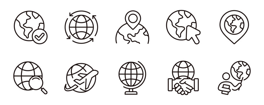 World globe sphere icon line set. Planet earth global map location, worldwide network business, international flight travel, land and ocean geography signs vector outline illustration