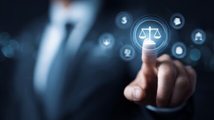 Fototapeta premium Businessman Touching Virtual Scales Icon.