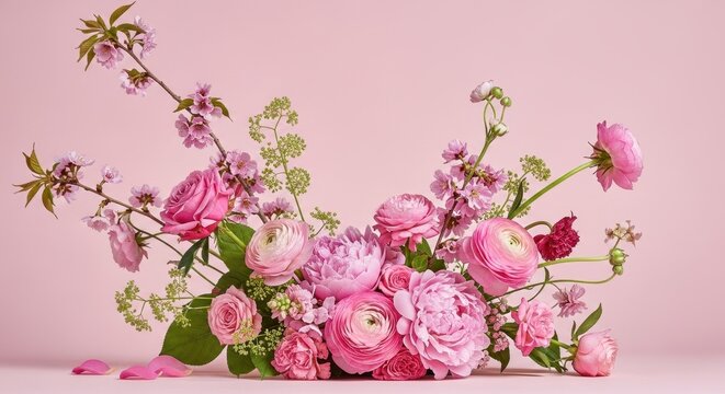 Elegant Pink Floral Arrangement on a Soft Pink Background.