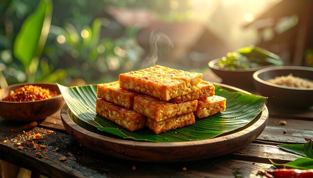 A stack of freshly fried tempeh pieces, served on a banana leaf on a wooden plate, with spices in bowls and a lush green outdoor background bathed in warm sunlight.