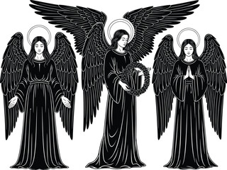 Obraz premium Set of three detailed black angel silhouettes with wings and halos standing isolated on white background for religious christmas and holy spirit design.