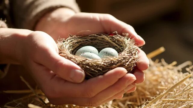 Gentle hands cradle a delicate nest with three speckled eggs, symbolizing nurturing new life and environmental care.