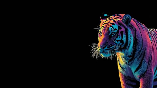 Vibrant Neon Tiger Roaring on Black Background Graphic Art