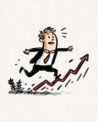 Fototapeta premium Uptrend Business Journey: A cartoon executive runs forward along the upward trajectory of a red arrow, representing progress and growth, evoking the spirit of striving.