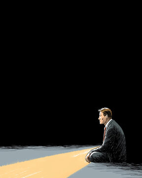 Lone Contemplation: A solitary individual sits pensively on an illuminated road, framed by a vast darkness, embodying solitude and introspection, illuminated by a spotlight.