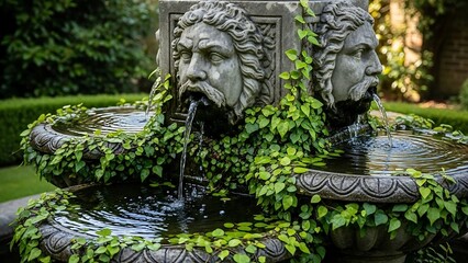 Stone fountain with two human faces.