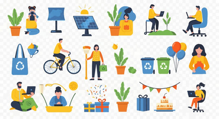 People engaging in various sustainable and eco-friendly activities like cycling, gardening, recycling, and walking in an urban setting.