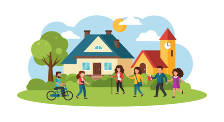 Naklejka premium A cheerful cartoon illustration of people enjoying outdoor activities in a vibrant village setting with houses and trees.