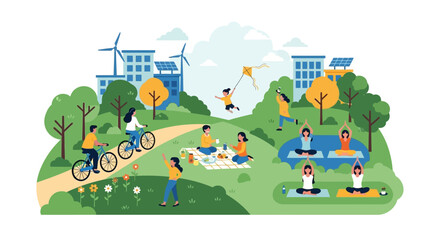 Naklejka premium People enjoying various outdoor leisure activities in a green park with sustainable city buildings and wind turbines in the background, promoting eco-friendly living.