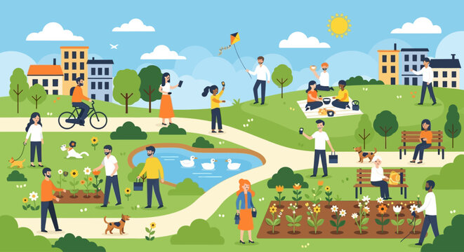 A lively illustration of people enjoying various leisure activities in a vibrant city park with gardens, a pond, and buildings in the background.