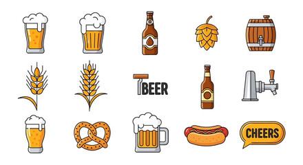 A collection of flat icons representing various elements associated with beer and pubs, including drinks, food, and brewing ingredients.