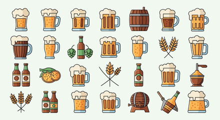 A collection of 30 flat design icons representing various beer-related items, including glasses, bottles, barrels, hops, and wheat.