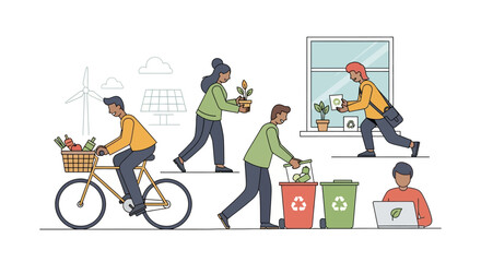 Diverse people engaged in eco-friendly activities like cycling, gardening, recycling, and working on laptops with sustainable energy sources in the background.
