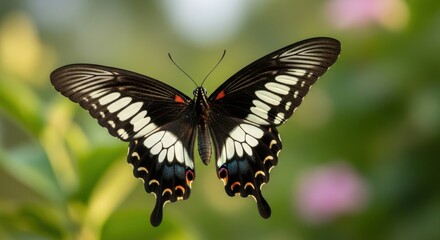 Elegant Swallowtail Butterfly Soaring in a Lush Green Garden.