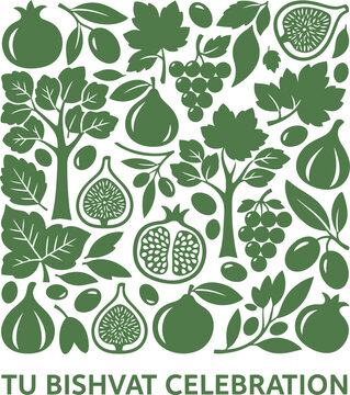 Tu B'Shvat Celebration Featuring Fruits, Trees, and Leaves in a Festive Design