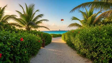 Tropical beach pathway with palm trees.