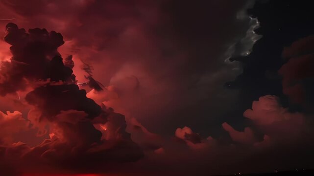 Dramatic Red Storm Clouds with Lightning Strike