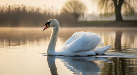 Fototapeta premium Elegant Swan Glides Gracefully on Calm Lake at Sunrise.