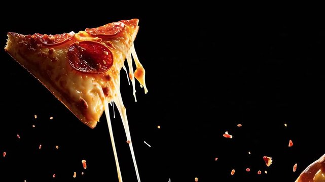 Flying pepperoni pizza slices with stretching hot cheese on black background