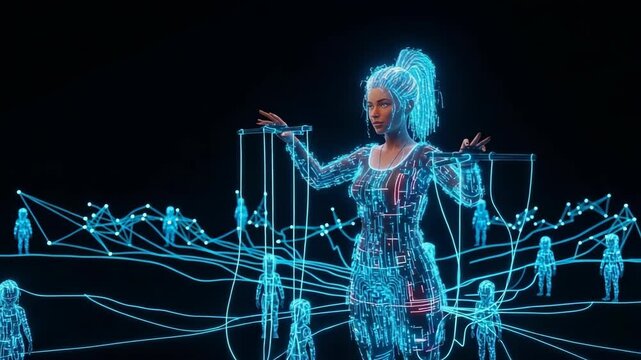 Futuristic Woman Operating Puppet Strings Controlling Figures In Digital Neon Environment With Black Background Control Technology Connection For Conceptual Creative Projects