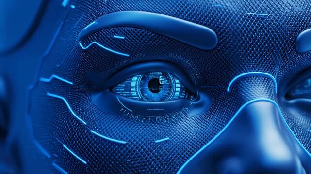Synthetic vision: an AI eye processes streams of digital information on a glowing blue cybernetic face
