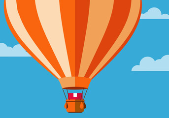 Fototapeta premium A vibrant hot air balloon delivers an express parcel against a blue sky with fluffy clouds. Modern, flat design illustration for delivery services.