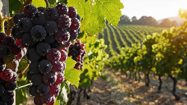 Ripe Red Grapes Hanging on Vine in Vineyard at Sunset.