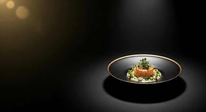 Gourmet Salmon Dish with Creamy Sauce and Garnish on Black Plate.